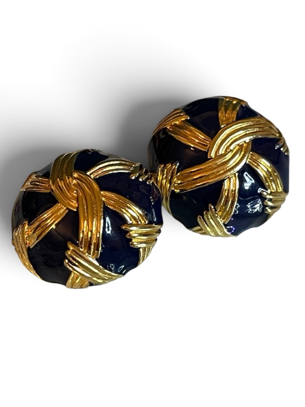 Vintage Ciner Navy Blue Domed Shaped Gold Plated Rope Design Clip On Earrings